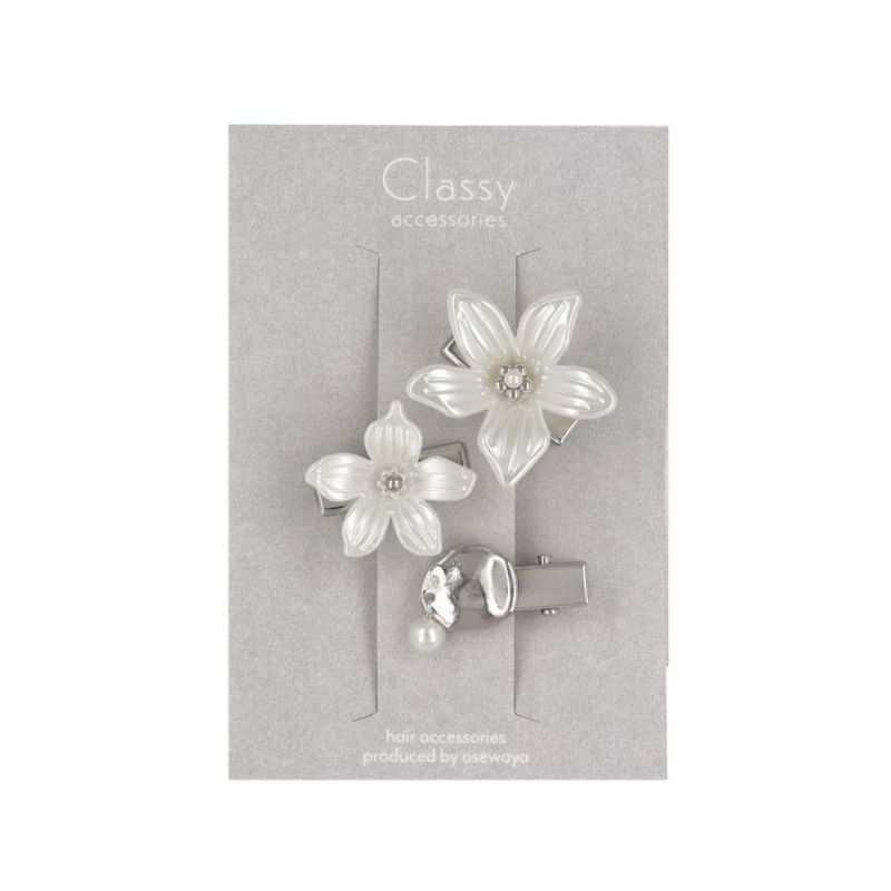 Classy ヘアクリップ ダブル フラワー 花 メタル プレート パール 3個セット ミニクリップ