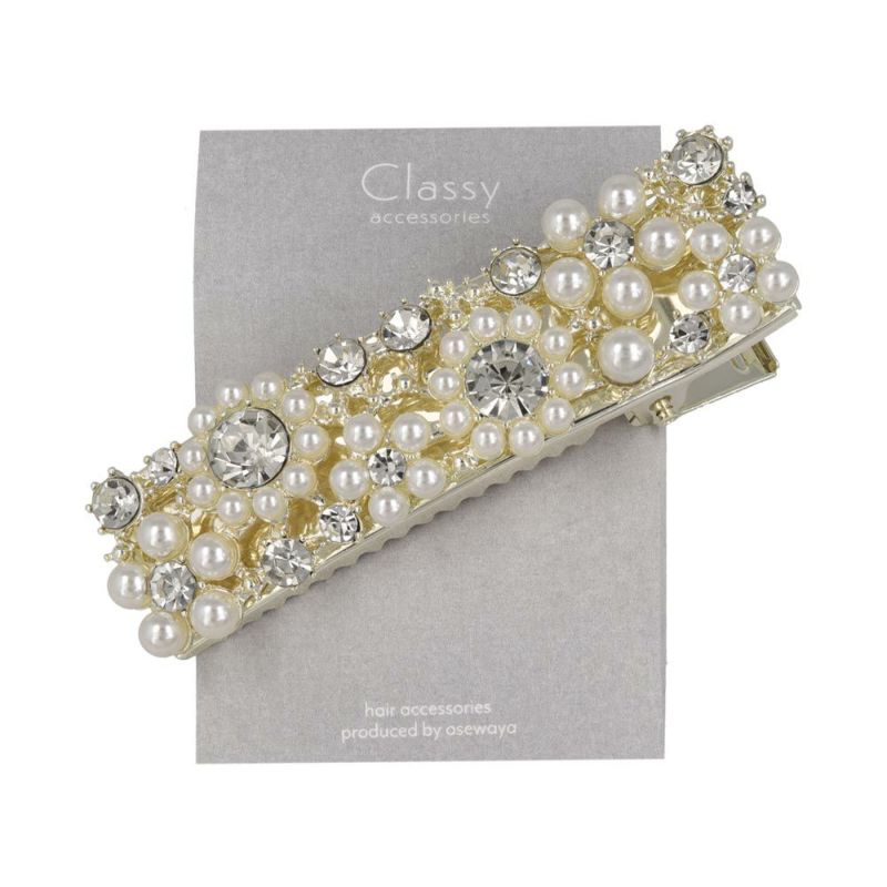 Classy ヘアクリップ ニッケルフリー メタル ストーン パール フラワー レクタングル フォーククリップ