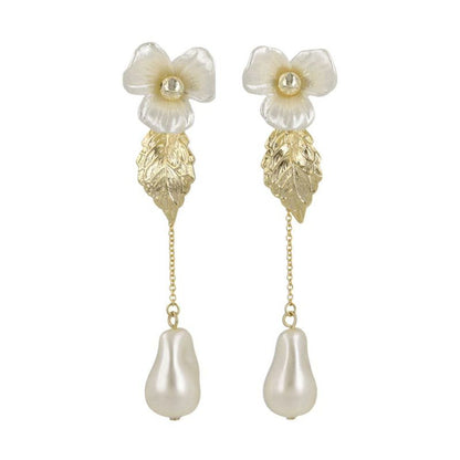 ピアス ニッケルフリー メタル パール フラワー 花 リーフ チェーン チタンポスト ドロップピアス