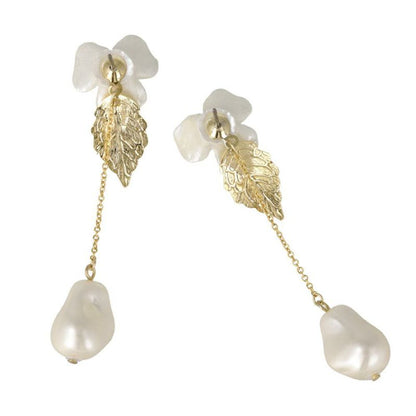 ピアス ニッケルフリー メタル パール フラワー 花 リーフ チェーン チタンポスト ドロップピアス