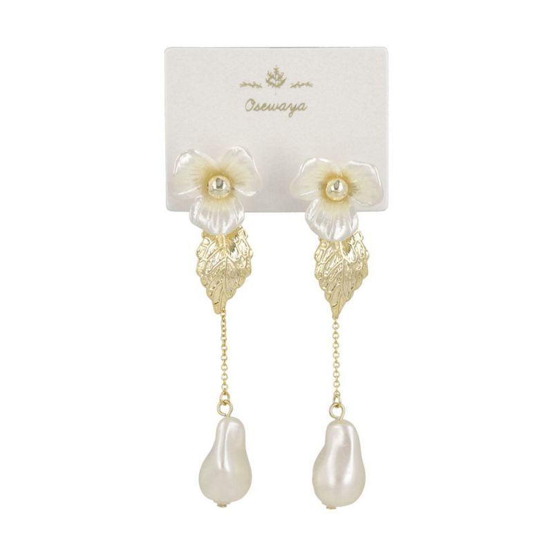 ピアス ニッケルフリー メタル パール フラワー 花 リーフ チェーン チタンポスト ドロップピアス