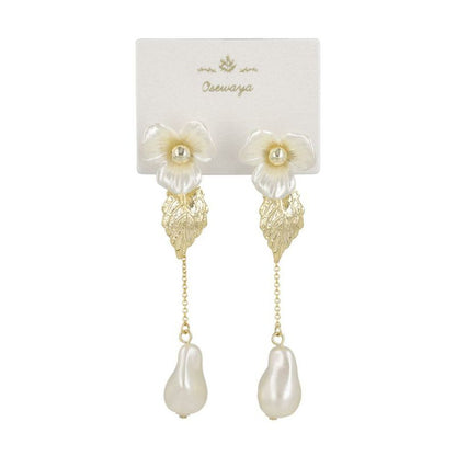 ピアス ニッケルフリー メタル パール フラワー 花 リーフ チェーン チタンポスト ドロップピアス