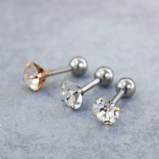 ボディピアス ステンレス 立爪 ガラス ストーン ストレートバーベル ネジ式 16G 【1個販売】