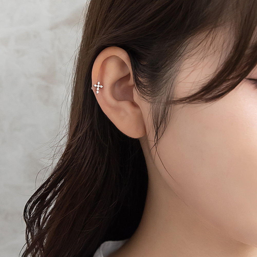 ボディピアス 十字架 クロス ストーン ストレートバーベル 両ネジ式 サージカルステンレス 18G 【1個販売】