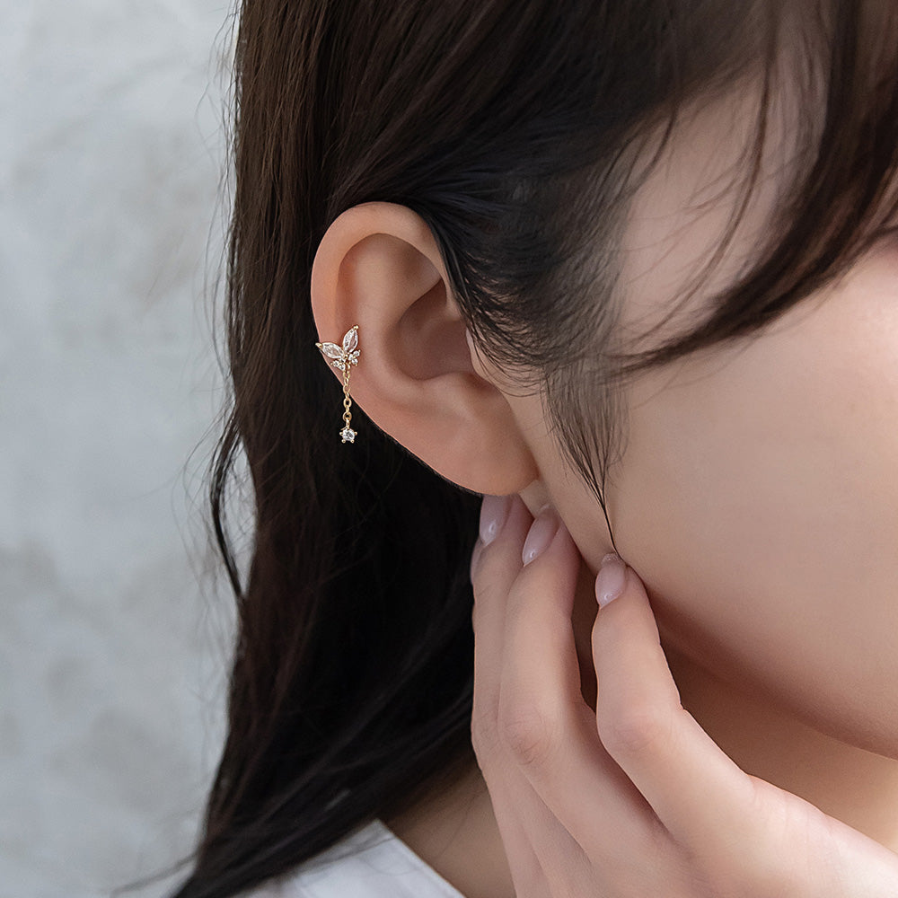 ボディピアス バタフライ キュービックジルコニア ストレートバーベル ネジ式 サージカルステンレス 18G 【1個販売】