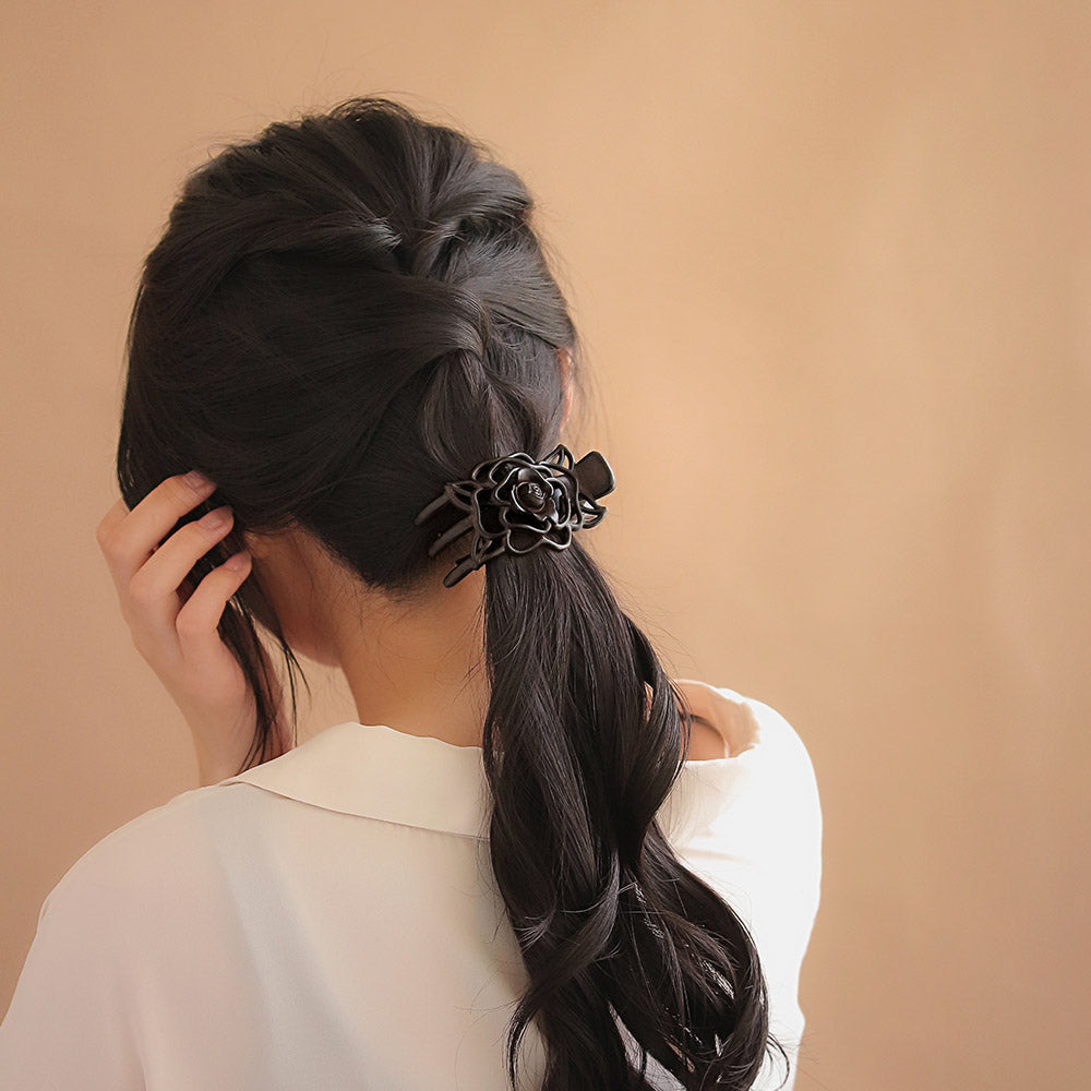 ヘアクリップ 透かし フラワー ウッド風 サイドクリップ バンスクリップ