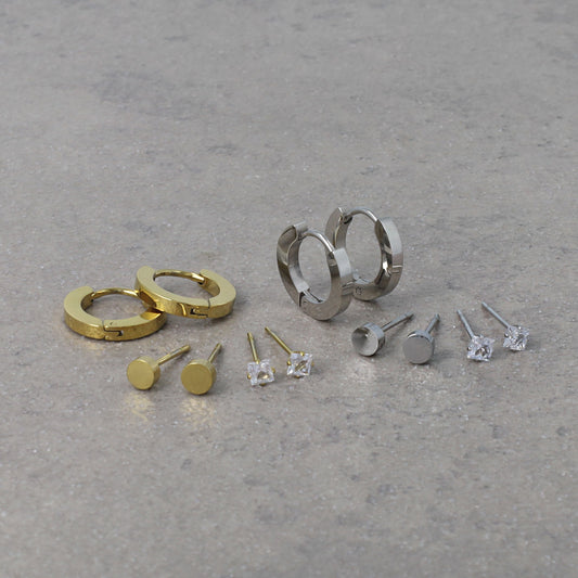 ピアス ボタン キュービックジルコニア フープ ステンレス 6個 セットピアス