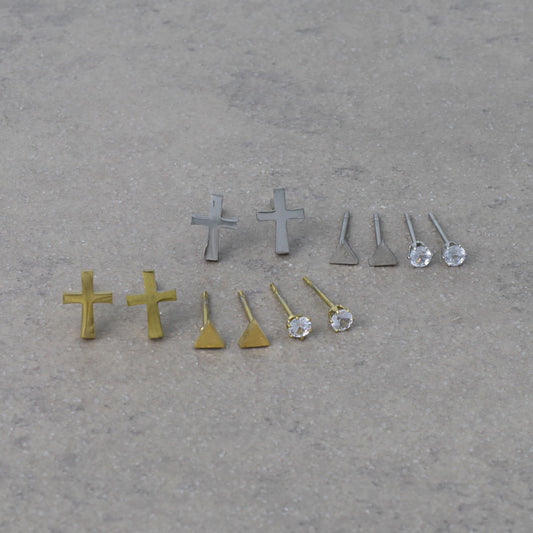 ピアス トライアングル キュービックジルコニア クロス ステンレス 6個 セットピアス