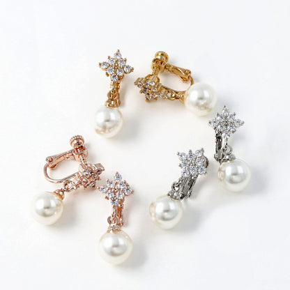 イヤリング ニッケルフリー キュービックジルコニア ひし形 メタル パール ネジバネ式イヤリング