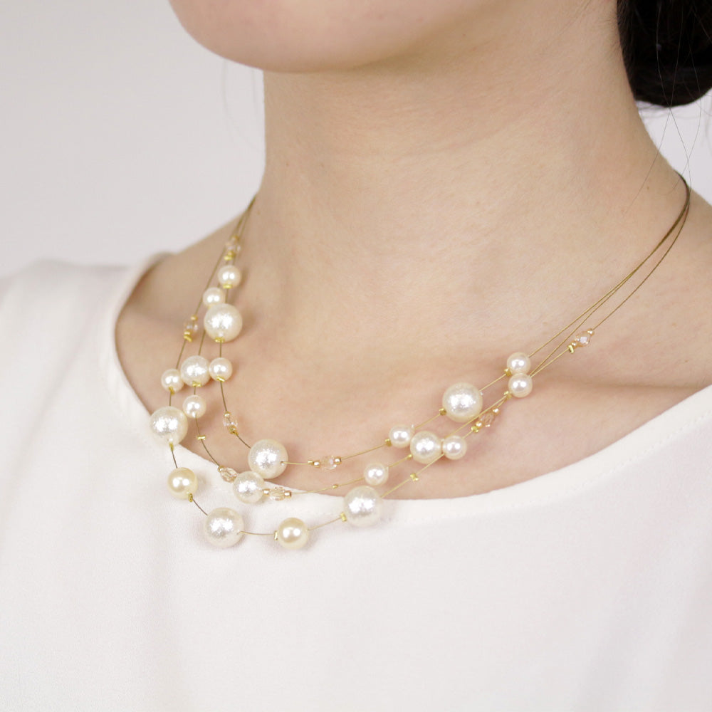 ネックレス シャインパール ステーションデザイン 3連 ワイヤー ショートネックレス