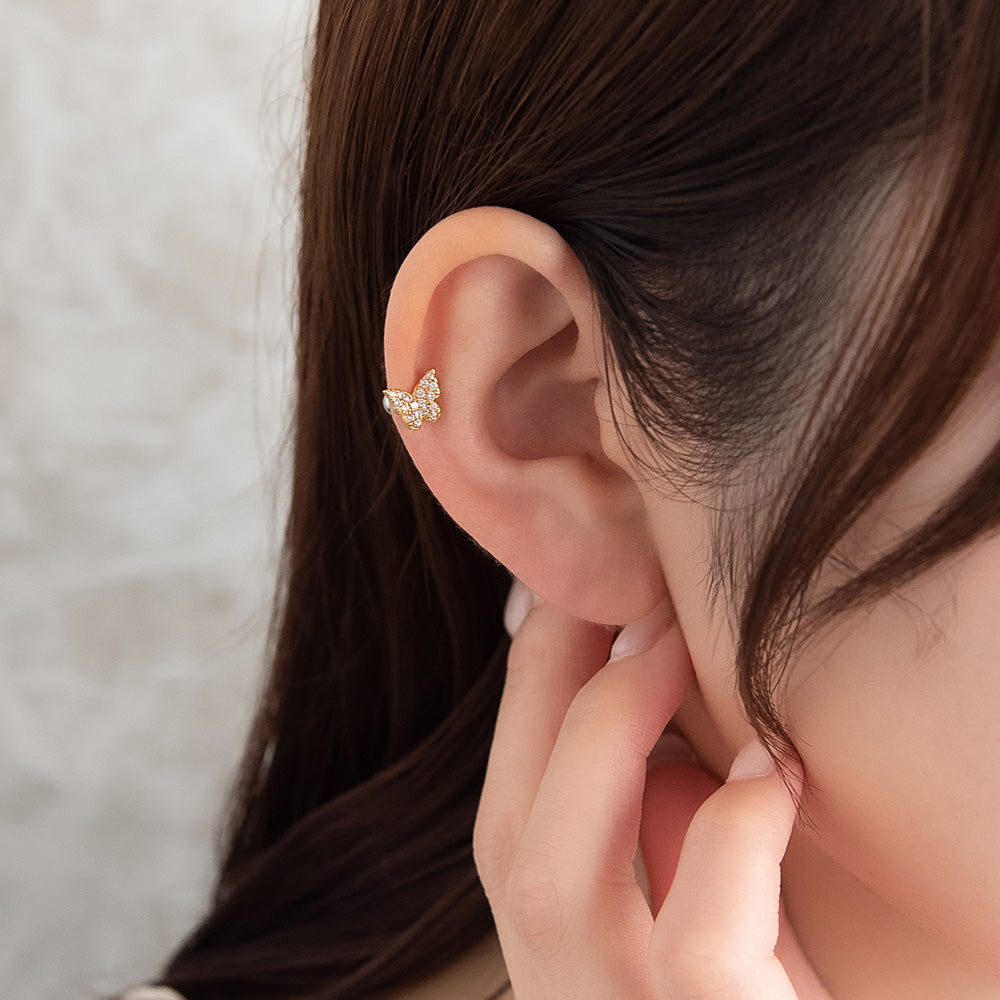 ボディピアス メタル バタフライ パヴェ キュービックジルコニア ストレートバーベル ネジ式 サージカルステンレス 18G 【1個販売】