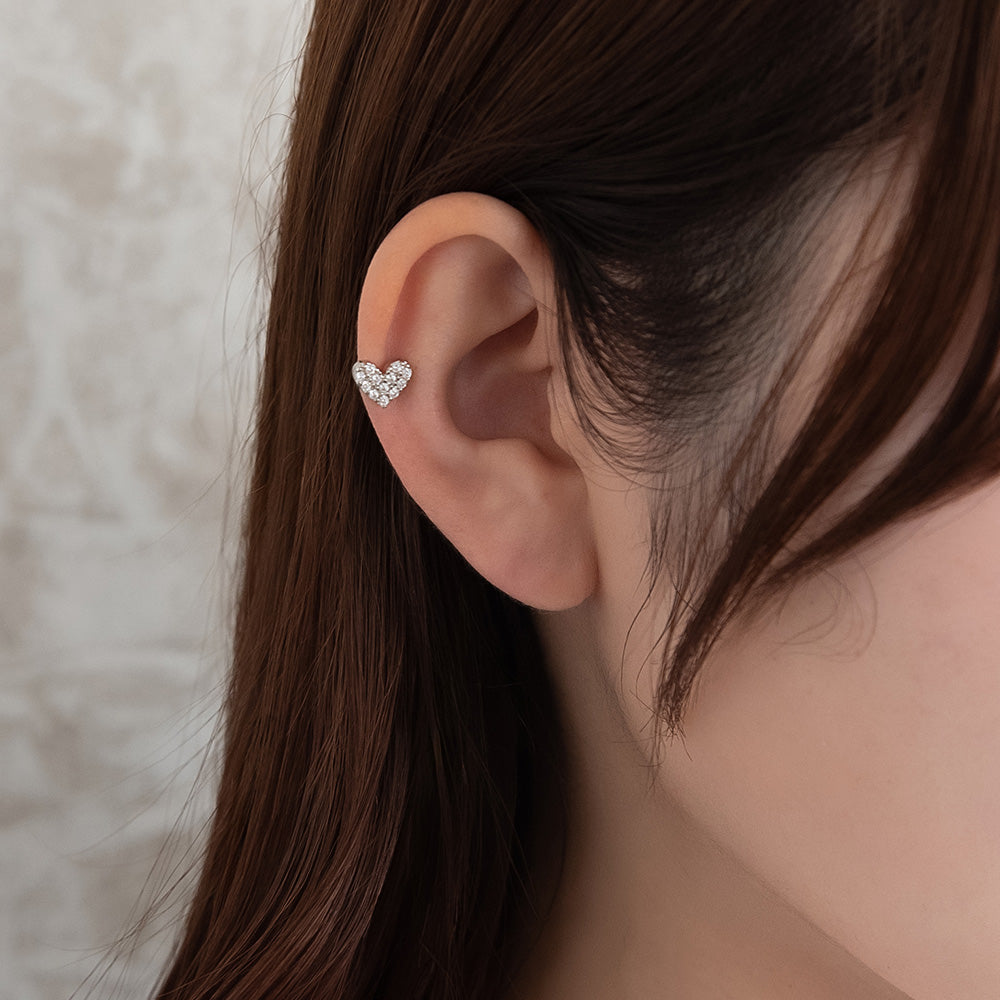 ボディピアス メタル ハート パヴェ キュービックジルコニア ストレートバーベル ネジ式 サージカルステンレス 18G 【1個販売】