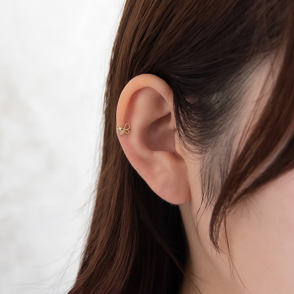 ボディピアス バタフライ キュービックジルコニア ストレートバーベル ネジ式 サージカルステンレス 18G 【1個販売】