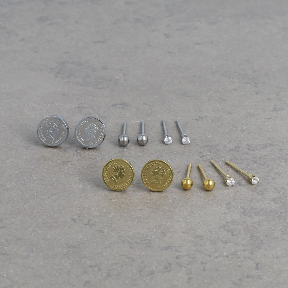 ピアス メタル コイン キュービックジルコニア メタルボール 6個セット ステンレスポスト スタッドピアス