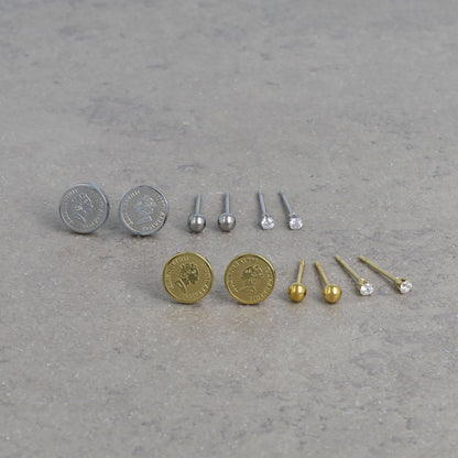 ピアス メタル コイン キュービックジルコニア メタルボール 6個セット ステンレスポスト スタッドピアス