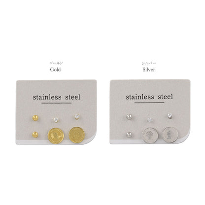 ピアス メタル コイン キュービックジルコニア メタルボール 6個セット ステンレスポスト スタッドピアス