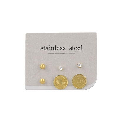 ピアス メタル コイン キュービックジルコニア メタルボール 6個セット ステンレスポスト スタッドピアス