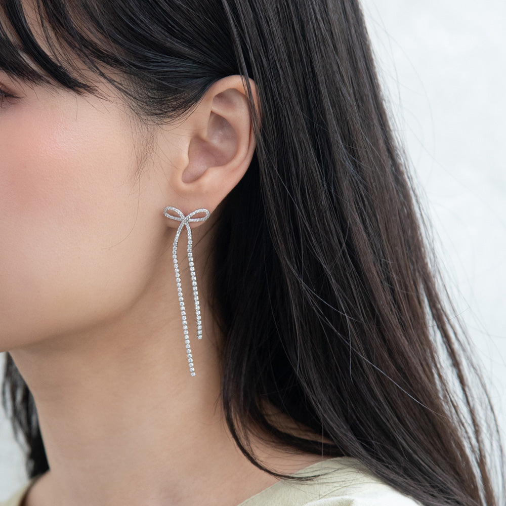 ピアス ニッケルフリー メタル キュービックジルコニア ロングリボン スタッドピアス