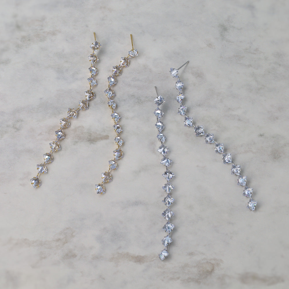 ピアス ニッケルフリー メタル キュービックジルコニア スクエア チェーン ロング ステンレスポスト スタッドピアス