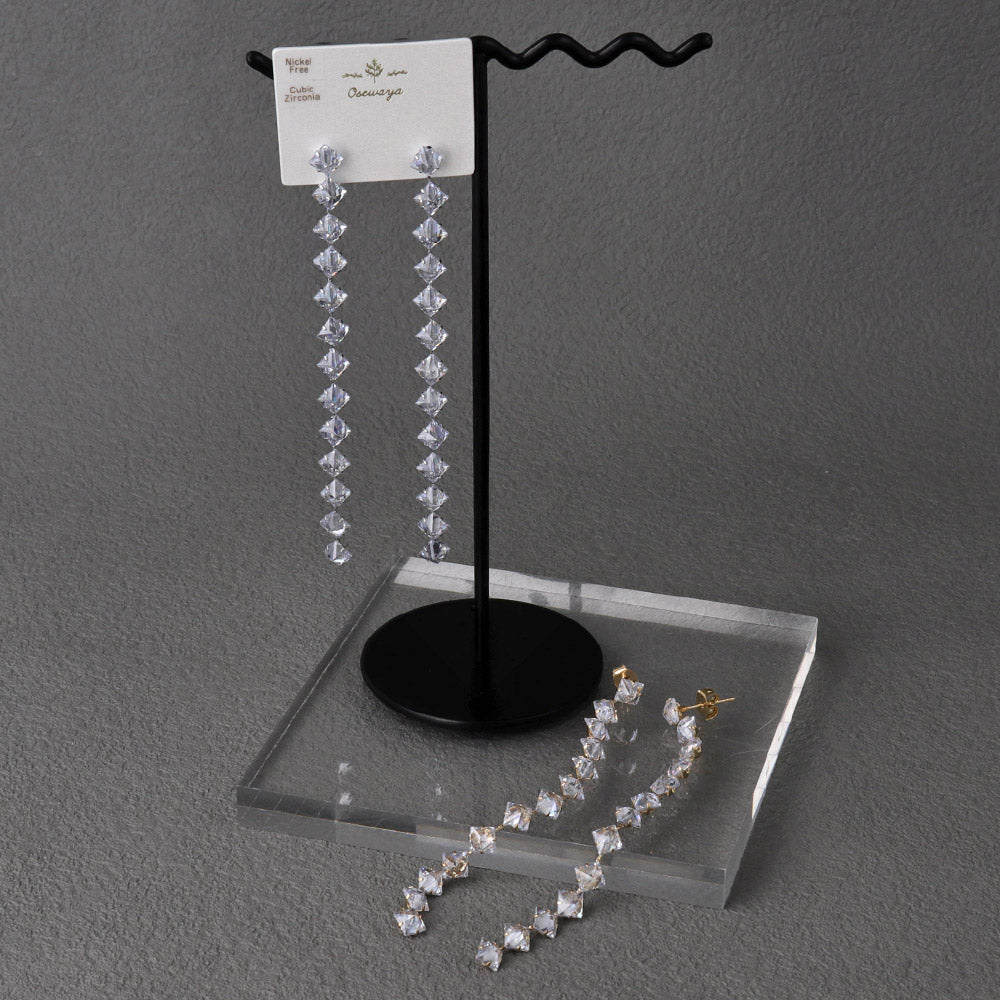 ピアス ニッケルフリー メタル キュービックジルコニア スクエア チェーン ロング ステンレスポスト スタッドピアス