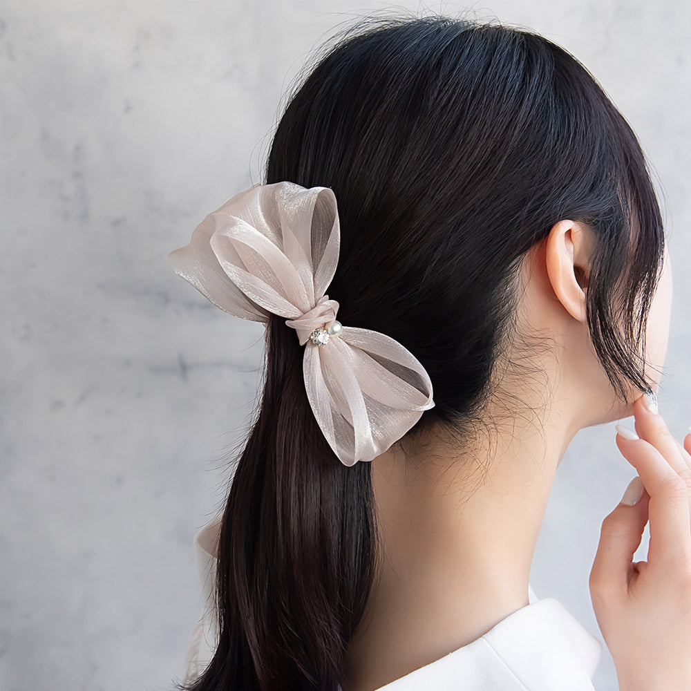 バナナクリップ リボン シアー シマー パール ストーン ヘアクリップ