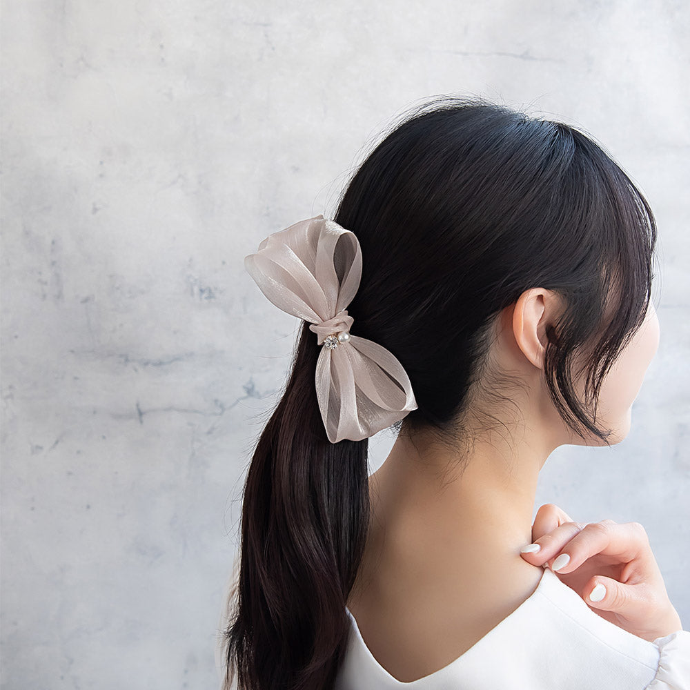 バナナクリップ リボン シアー シマー パール ストーン ヘアクリップ