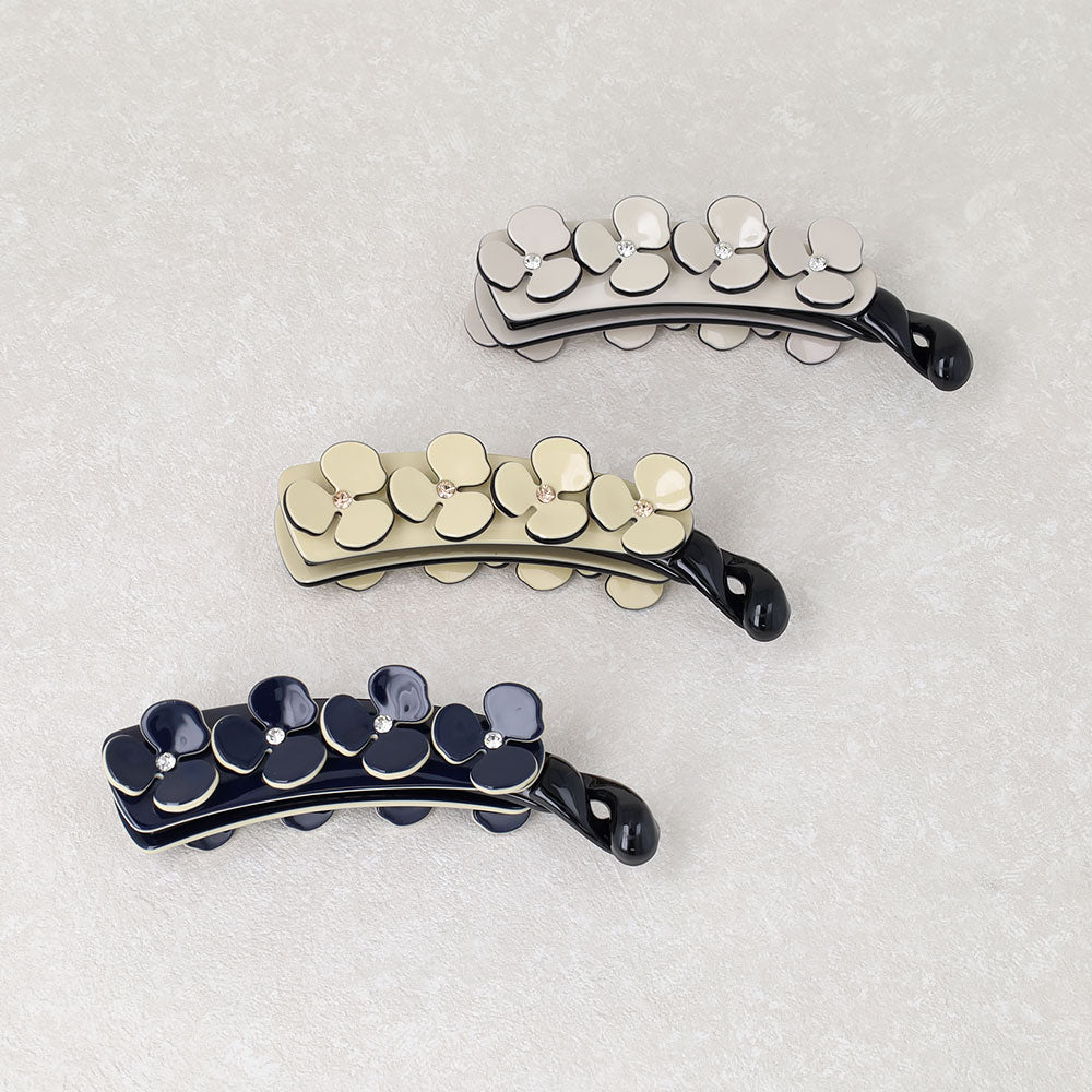 バナナクリップ ヘアクリップ 立体 フラワー ストーン バイカラー