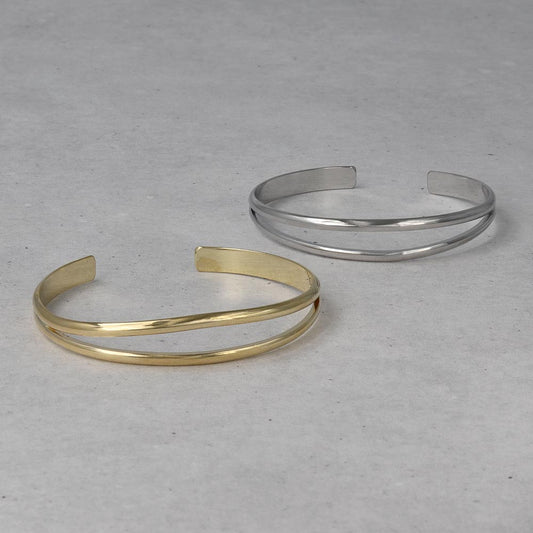 ブレスレット ニッケルフリー メタル 丸甲 ライン 2連風 ハーフバングル