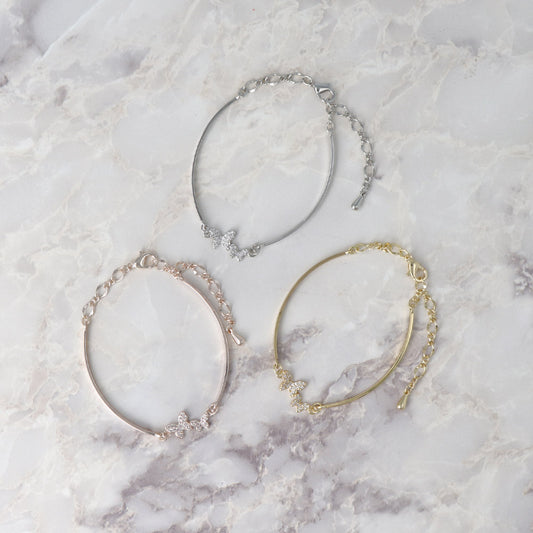 ブレスレット ニッケルフリー メタル キュービックジルコニア ミニ ダブル バタフライ カーブ バー チェーンブレスレット