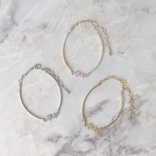 ブレスレット ニッケルフリー メタル キュービックジルコニア ミニ ダブル フラワー カーブ バー チェーンブレスレット