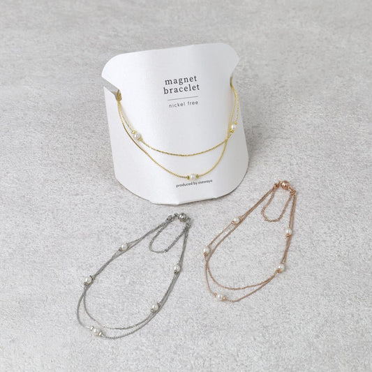 ブレスレット ニッケルフリー メタル パール ドット 2連 ミックスチェーン マグネットブレスレット