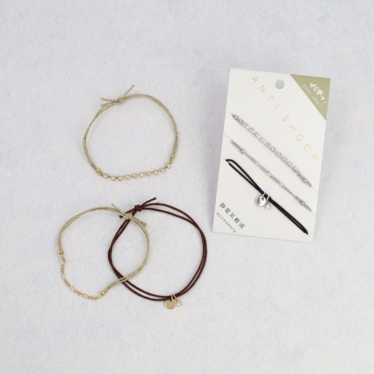 ブレスレット ANTI SHOCK 静電気軽減 ニッケルフリー メタル フィガロチェーン サークル ストーン 連爪 ラメ糸 3本セット ゴムブレスレット