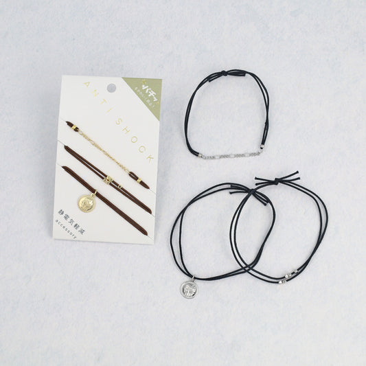 ブレスレット ANTI SHOCK 静電気軽減 ニッケルフリー メタル フィガロチェーン ビーズ コイン風 3本セット ゴムブレスレット