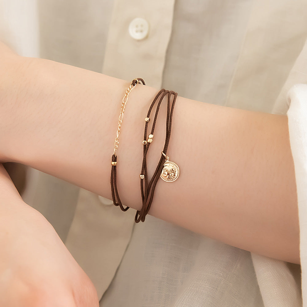 ブレスレット ANTI SHOCK 静電気軽減 ニッケルフリー メタル フィガロチェーン ビーズ コイン風 3本セット ゴムブレスレット