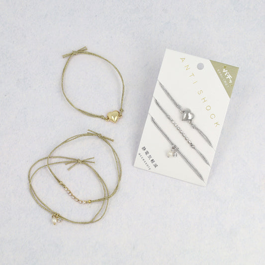 ブレスレット ANTI SHOCK 静電気軽減 ニッケルフリー メタル チェーン ストーン 連爪 パール ハート ラメ糸 3本セット ゴムブレスレット