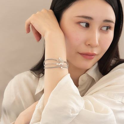 ブレスレット ANTI SHOCK 静電気軽減 ニッケルフリー メタル フラワー パール ビーズ ラメ糸 3本セット ゴムブレスレット