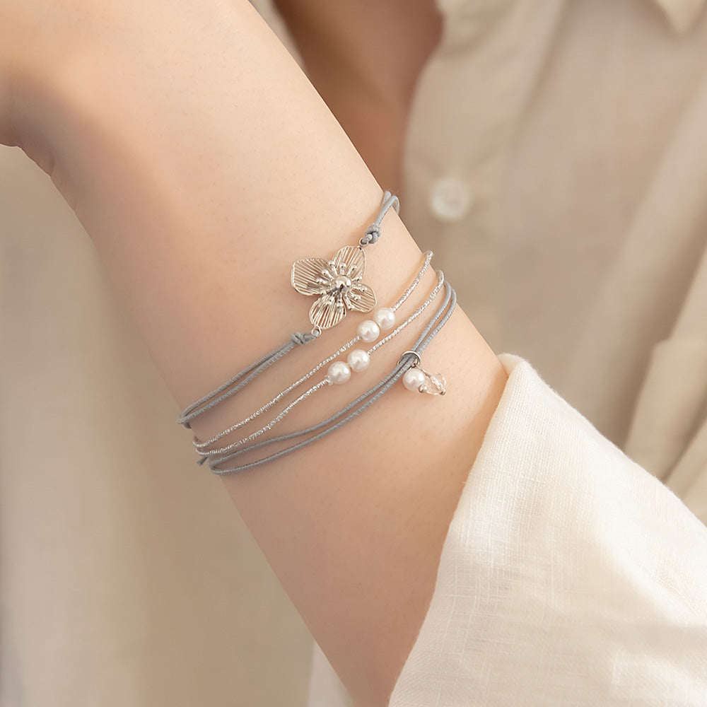 ブレスレット ANTI SHOCK 静電気軽減 ニッケルフリー メタル フラワー パール ビーズ ラメ糸 3本セット ゴムブレスレット