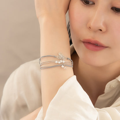 ブレスレット ANTI SHOCK 静電気軽減 ニッケルフリー メタル フラワー パール ビーズ ラメ糸 3本セット ゴムブレスレット