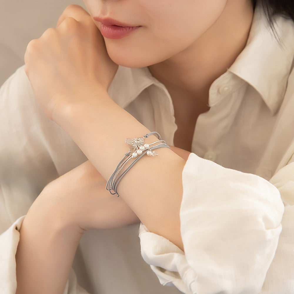 ブレスレット ANTI SHOCK 静電気軽減 ニッケルフリー メタル フラワー パール ビーズ ラメ糸 3本セット ゴムブレスレット