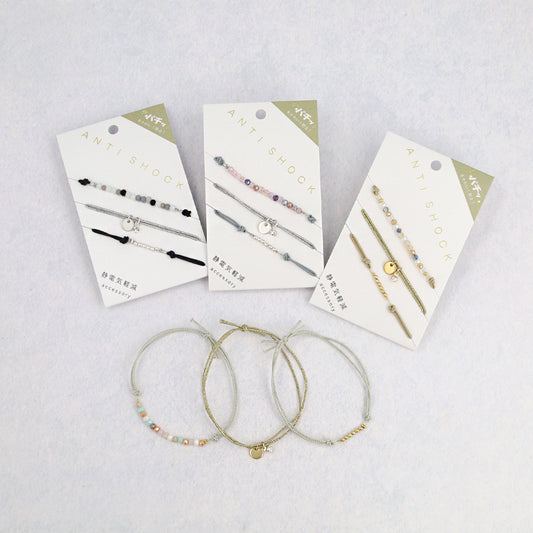 ブレスレット ANTI SHOCK 静電気軽減 ニッケルフリー メタル サークル ボール ビーズ マルチカラー ラメ糸 3本セット ゴムブレスレット