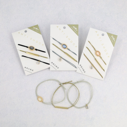 ブレスレット ANTI SHOCK 静電気軽減 ニッケルフリー メタル ステック オーバル オーロラ ストーン ラメ糸 3本セット ゴムブレスレット