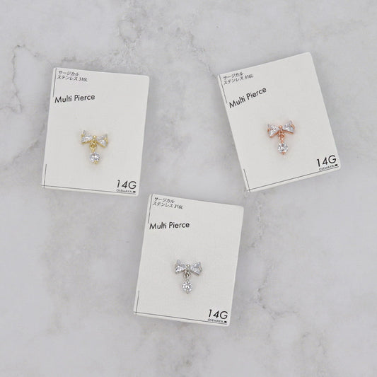 ボディピアス キュービックジルコニア リボン 下がり ストレートバーベル ネジ式 サージカルステンレス 14G 【1個販売】