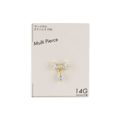 ボディピアス キュービックジルコニア リボン 下がり ストレートバーベル ネジ式 サージカルステンレス 14G 【1個販売】