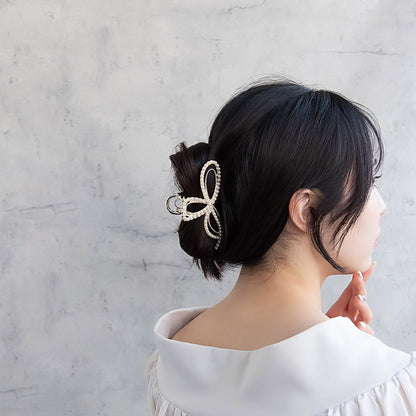 ヘアクリップ ニッケルフリー メタル ダブル リボン ミニ ストーン パール バンスクリップ