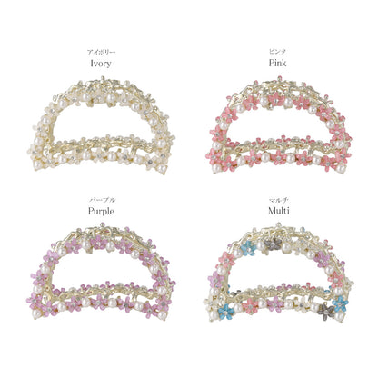 ヘアクリップ ミニ フラワー 花 カラー ストーン パール ハーフサークル アーチ フレーム 半月型 メタル バンスクリップ