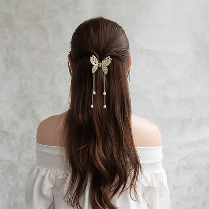 ヘアクリップ バタフライ 透かし メタル ストーン パール ドロップ ロング チェーン 下がり バンスクリップ