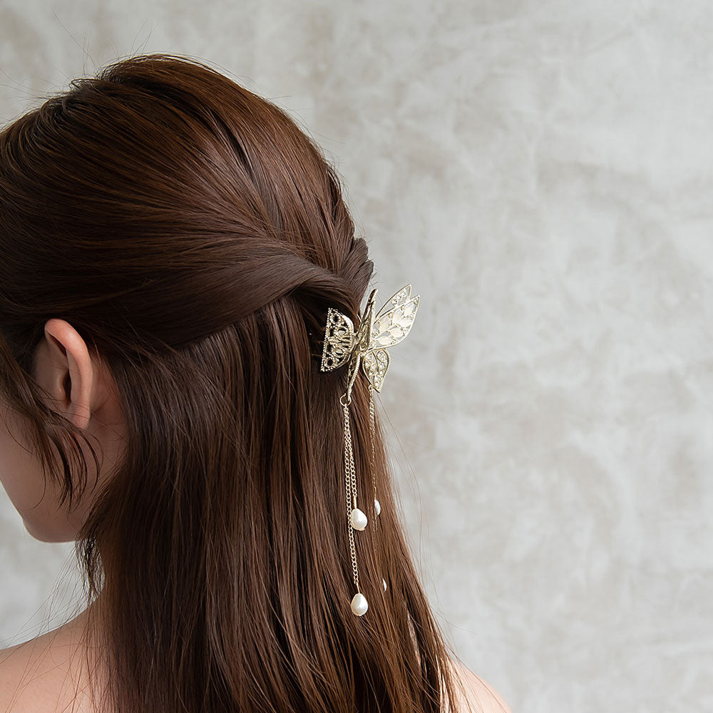 ヘアクリップ バタフライ 透かし メタル ストーン パール ドロップ ロング チェーン 下がり バンスクリップ