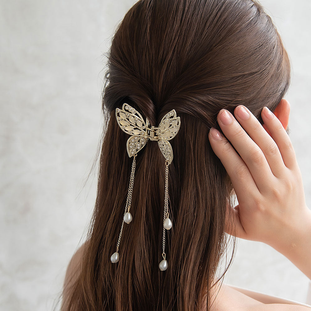 ヘアクリップ バタフライ 透かし メタル ストーン パール ドロップ ロング チェーン 下がり バンスクリップ