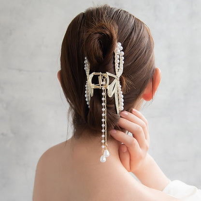 ヘアクリップ リボン メタル ストーン パール ドット ドロップ ロング チェーン 下がり バンスクリップ