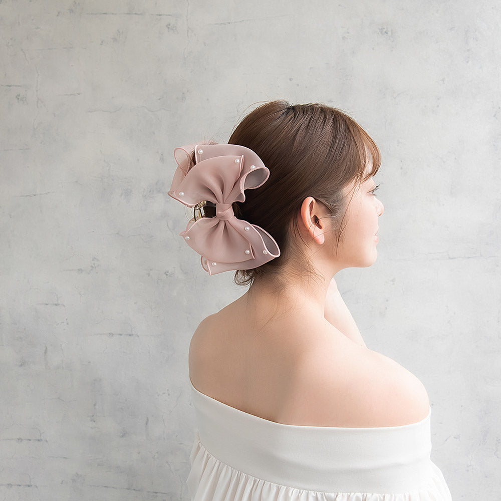 ヘアクリップ レイヤード ビッグ リボン シアー ポイント パール クリア カラー ロール バンスクリップ